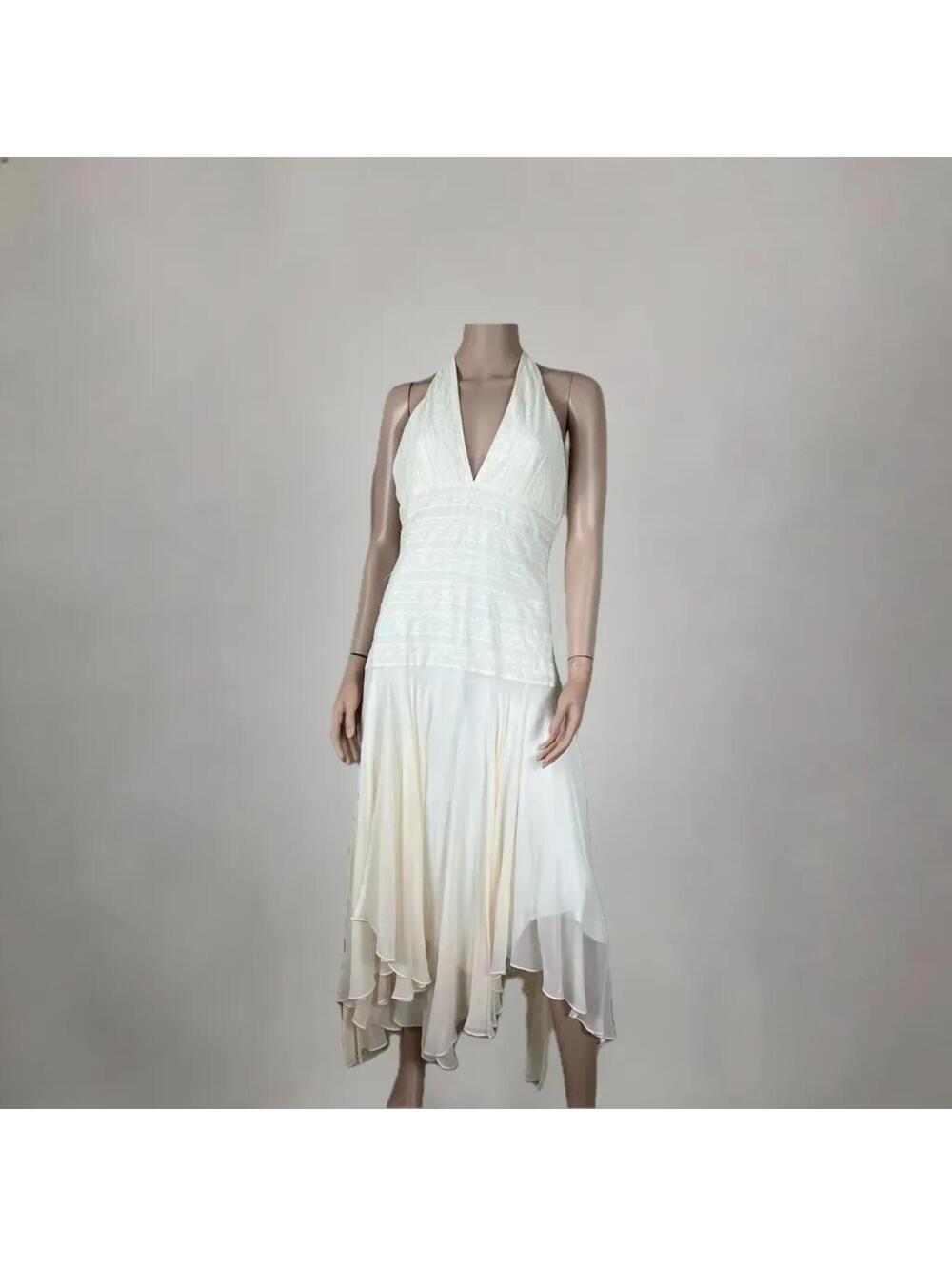 BCBG Marilyn Inspired New White Beaded Ruffle Midi Formal Dress Size 8